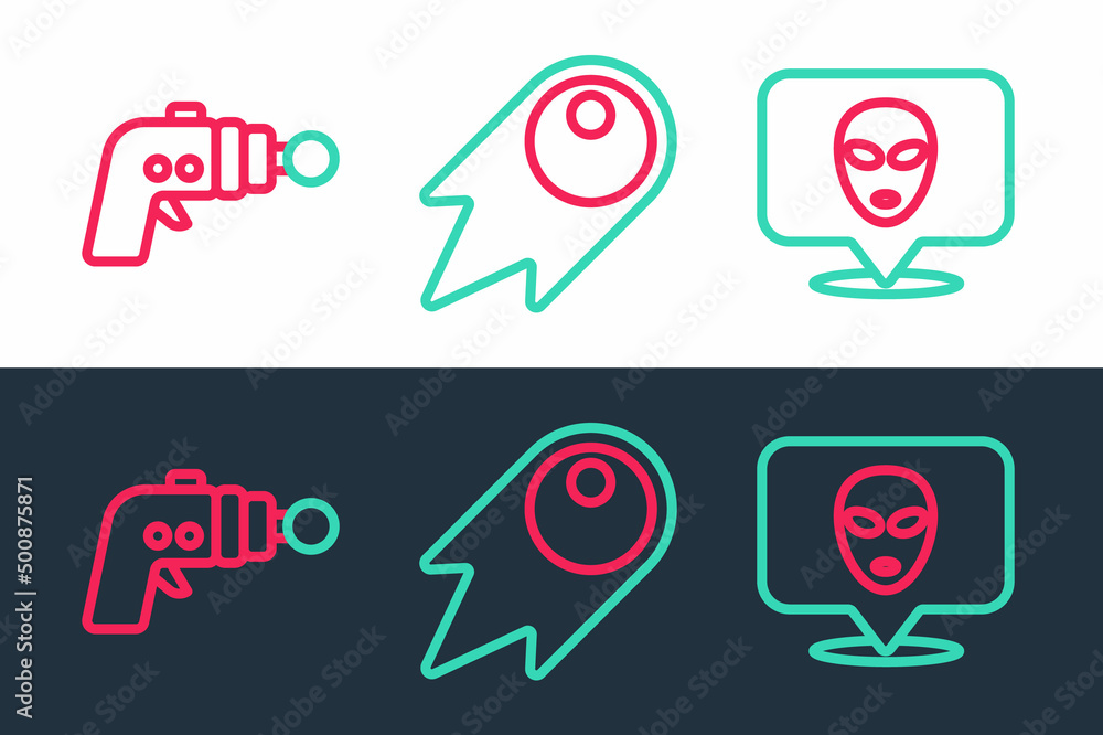 Set line Alien, Ray gun and Comet falling down fast icon. Vector Set line Alien, Ray gun and Comet falling down fast icon. Vector