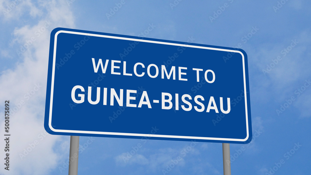Welcome to Guinea-Bissau Road Sign on Clear Blue Sky Welcome to Guinea-Bissau Road Sign on Clear Blue Sky