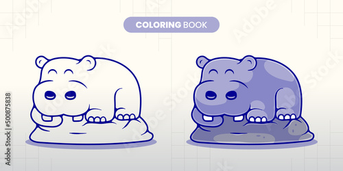 hand drawn cute hippo sleeping on a rock illustration coloring book for children to fill in