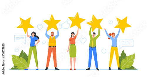 Tiny Male and Female Clients Characters Holding Huge Stars, Rating, Consumer Feedback or Customer Review Evaluation