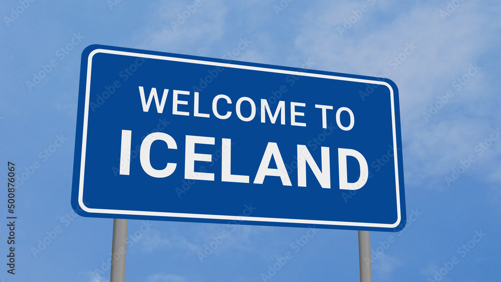 Welcome to Iceland Road Sign on Clear Blue Sky Welcome to Iceland Road Sign on Clear Blue Sky
