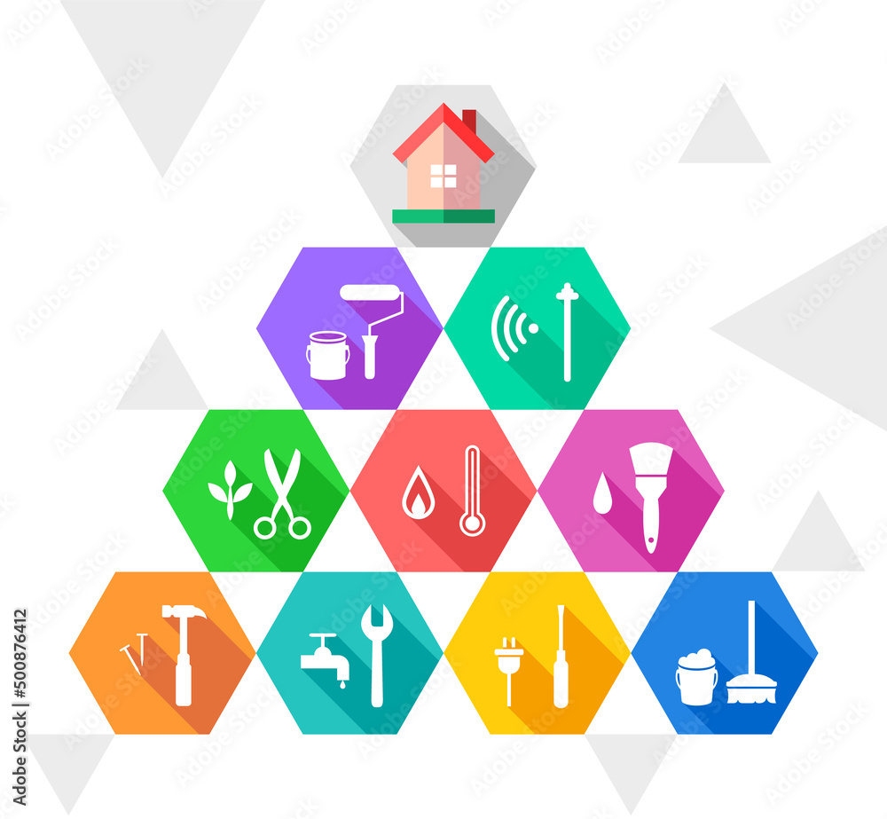 Vecteur Stock Facility management, maintenance or renovation concept with  house and related work tools and icons. Home symbol on top of colorful tool  icon set. | Adobe Stock