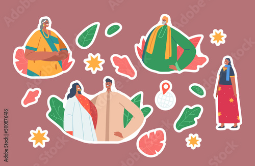 Set of Stickers Indian People Wear Traditional Clothes Isolated Patches. Male and Female Characters Wear Sari or Kurt