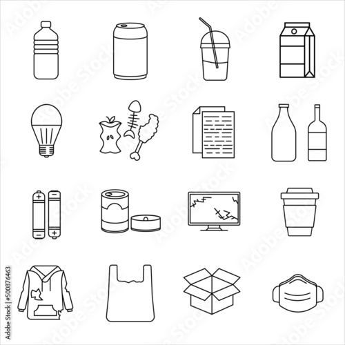 Set of various garbage. Recycling vector icons. Sorting Garbage