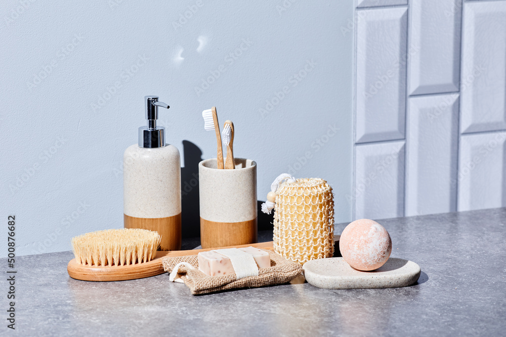 Close-up of beauty products for massage and body care for woman in toilet table in bathroom Close-up of beauty products for massage and body care for woman in toilet table in bathroom