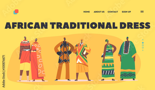 African People Pairs in Traditional Clothes Landing Page Template. Male Female Characters in Colored National Costumes