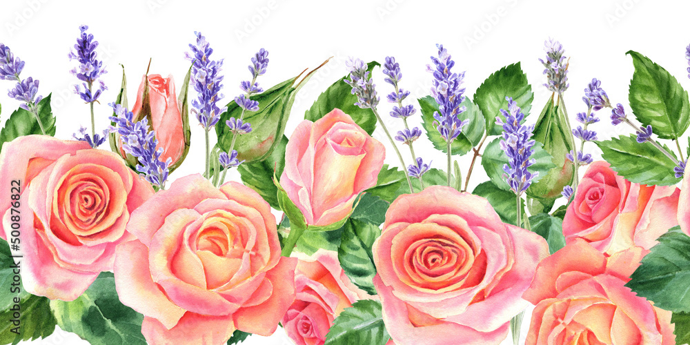 Seamless border with blush roses and lavender. Hand drawn watercolor images