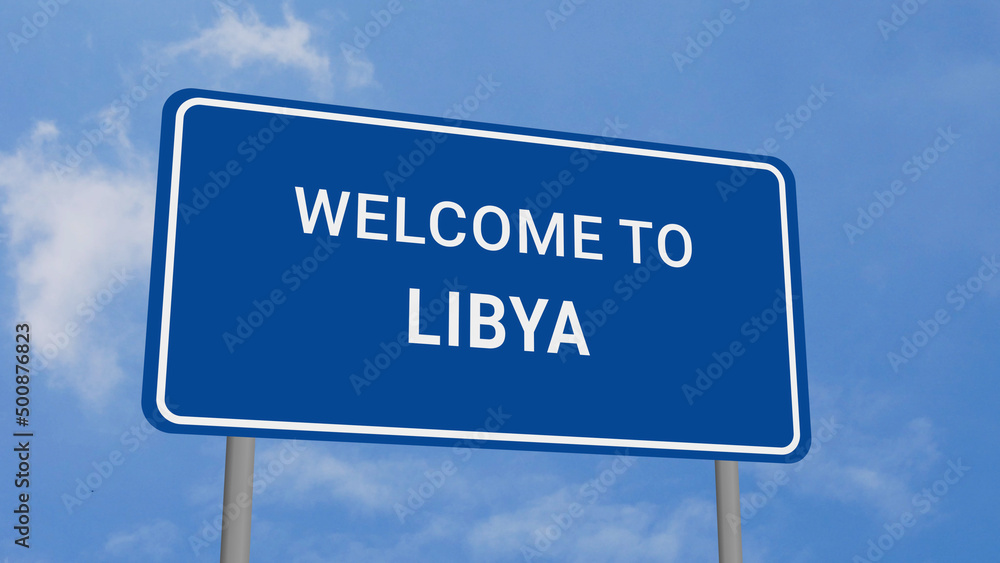 Welcome to Libya Road Sign on Clear Blue Sky 