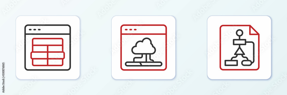 Set line Flowchart, MySQL code and Cloud technology data transfer icon. Vector Set line Flowchart, MySQL code and Cloud technology data transfer icon. Vector