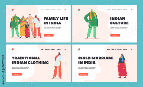 Indian Family Landing Page Template. Male and Female Characters Wear Traditional Clothes. Smiling Parents