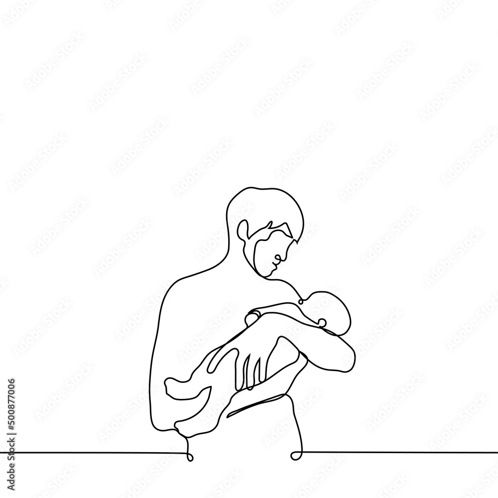 young father or older brother holding a baby in his arms and smiling - one line drawing vector. concept man holding his baby with a smile