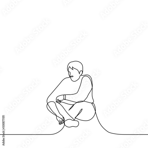 man sits on the ground wearily and looks down - one line drawing vector. concept of crossed legs, hands down to rest, be lazy, procrastinate