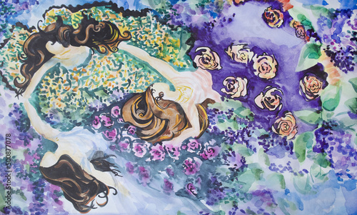Beautiful dancing women in long dresses with long flowing hair. Blooming lilac in springtime morning garden wallpaper. Allegory of womanhood. Watercolor painting.