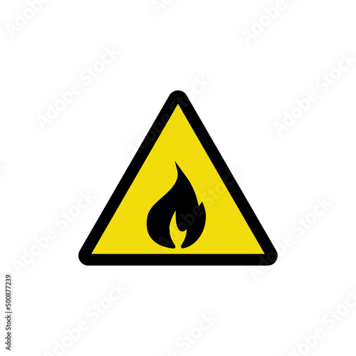 Fire danger icon. Warning sign. Attention gas. Fire hazard zone. The image of a fire flame on a yellow triangle. Flammable substances. Vector icon isolated on white background
