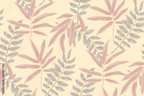 Delicate pastel botanical print with tropical leaves on a light background. Seamless pattern with exotic foliage in a watercolor style. Feminine surface design. Vector illustration.