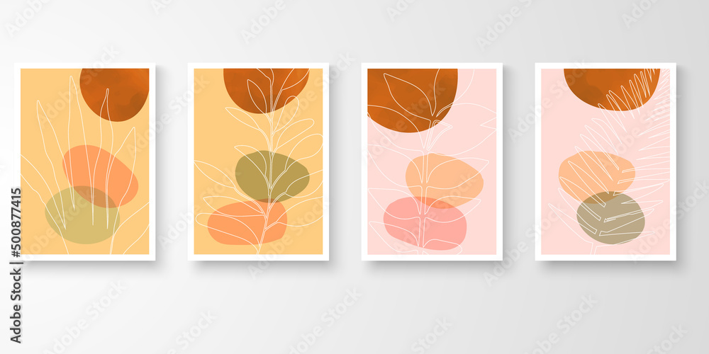 Set of wall art. Story of foliag art drawing with abstract organic shape composition. Leaf branch vector illustration.