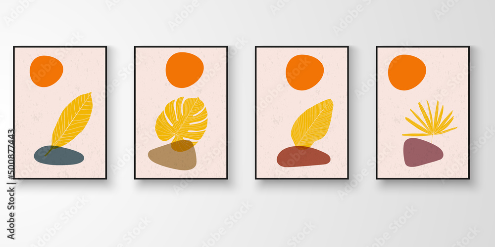 Set of wall art. Story of foliage art drawing with abstract organic shape composition. Leaf, stone, sun art vector illustration.
