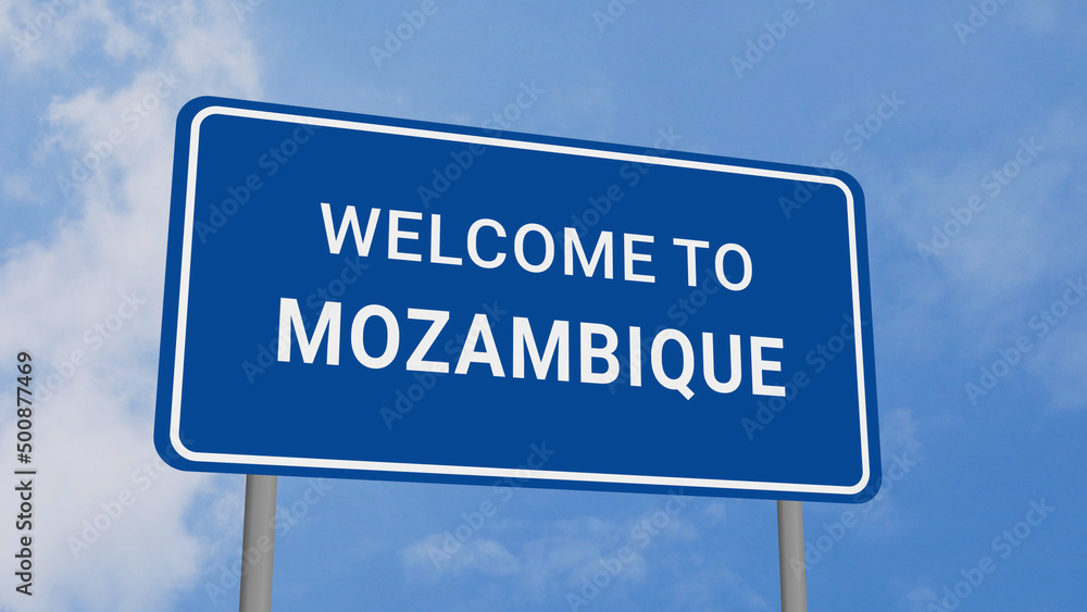 Welcome to Mozambique Road Sign on Clear Blue Sky Welcome to Mozambique Road Sign on Clear Blue Sky
