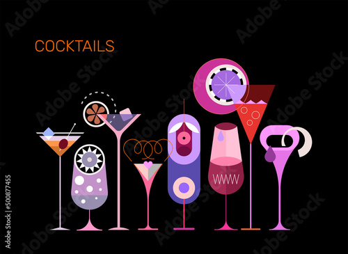 Cocktails 
Row of eight different cocktail glasses, color designs isolated on a black background. Decorative design elements are on a separate layers in vector EPS 10. 