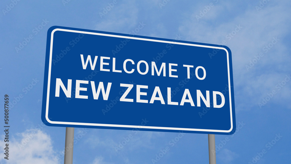 Welcome to New Zealand Road Sign on Clear Blue Sky Welcome to New Zealand Road Sign on Clear Blue Sky