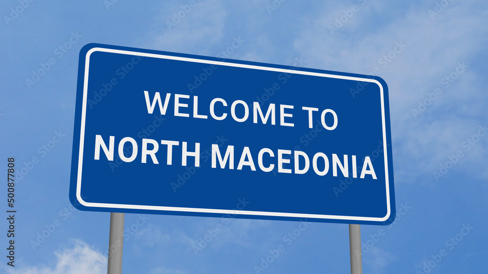 Welcome to North Macedonia Road Sign on Clear Blue Sky Welcome to North Macedonia Road Sign on Clear Blue Sky
