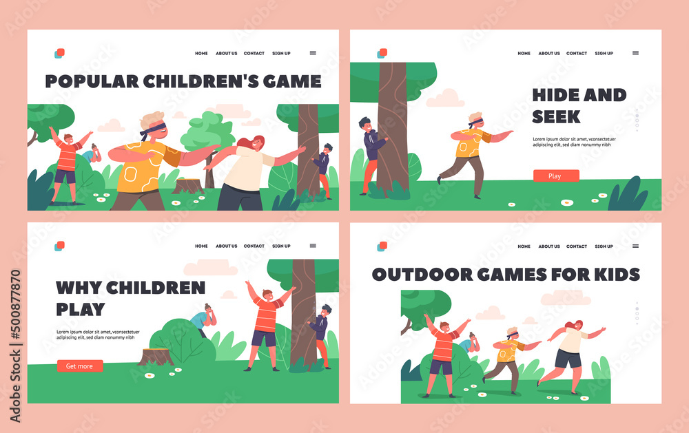 Popular Children Games Landing Page Template Set. Kids Playing Hide and Seek in Park or Forest, Happy Characters Fun