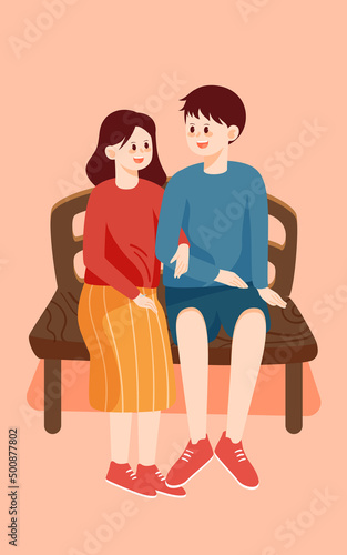 Valentine couple holding hands on a park bench with trees and plants in the background, vector illustration