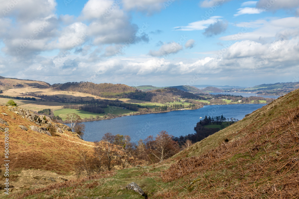 Looking down from a mountainside towards Ullswater in Cumbria