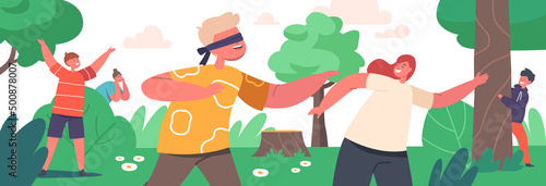 Children Playing Hide and Seek in Park or Forest, Happy Kids and Mother Characters Summer Fun and Recreation on Nature