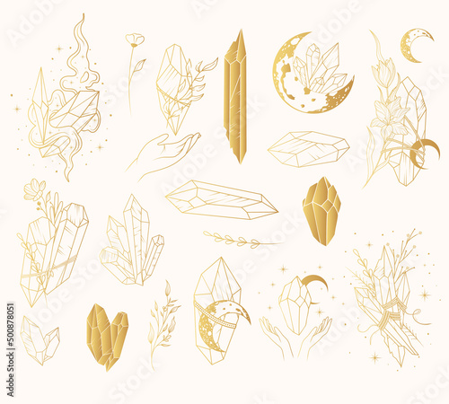 Floral and moon crystals golden collection. Celestial crystals, crescent moon, flowers and magic elements isolated set. Hand drawn vector illustration in boho style.