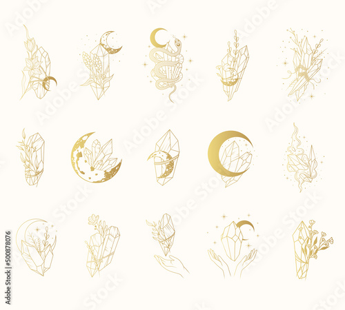 Floral and moon crystals golden collection. Celestial crystals, crescent moon, flowers isolated set. 15  hand drawn vector magic elements in boho style.