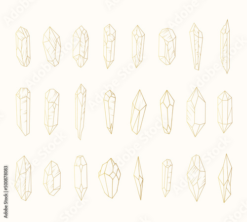 Crystals big golden set. Simple mineral line icons isolated on white background. Hand drawn esoteric vector illustration.