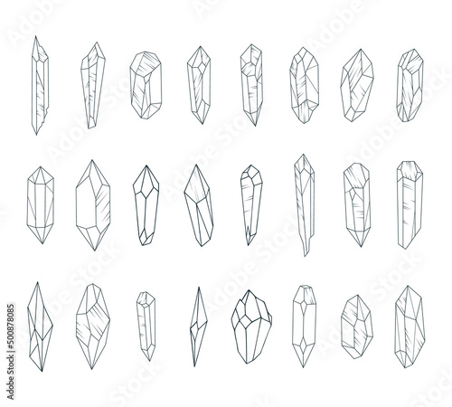 Crystals big set.  Simple mineral line icons isolated on white background.   Hand drawn esoteric vector illustration.