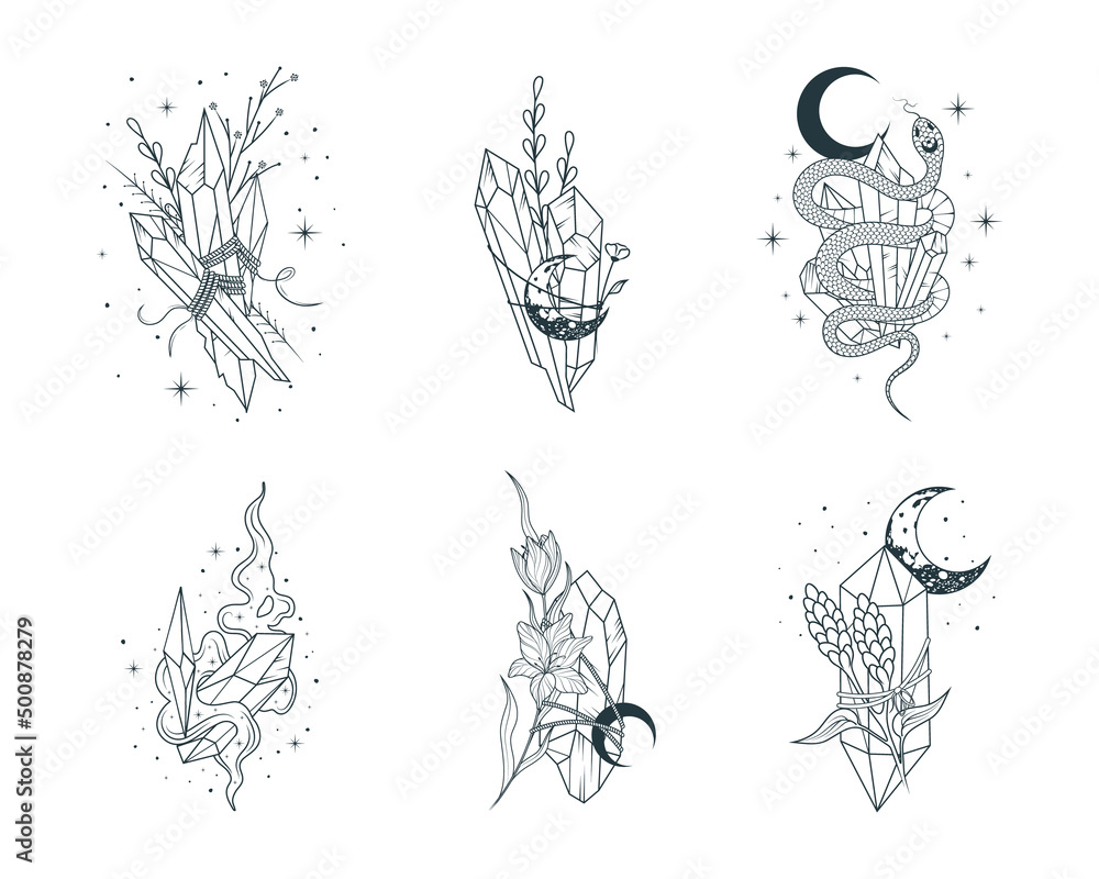 Fototapeta premium Floral and moon crystals collection. Celestial crystals, crescent moon, flowers isolated set. 6 hand drawn vector magic elements in boho style.