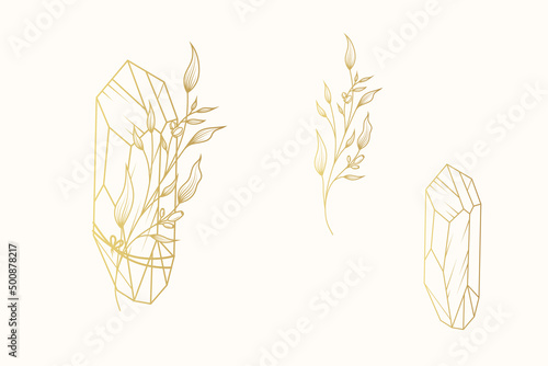 Golden crystals, a twig and a bouquet of elements. Hand drawn isolated set of magic symbols. Vector illustration for witchcraft.