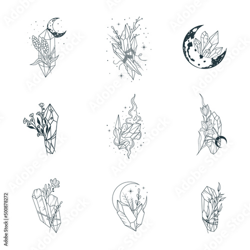 Celestial crystals, moon, flowers, twigs. Isolated set of 9 magical icons for tattoos, t-shirt printing and esoteric design.