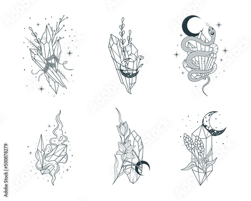 Floral and moon crystals collection. Celestial crystals, crescent moon, flowers isolated set. 6 hand drawn vector magic elements in boho style.
