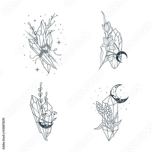 Celestial  moon crystals and flowers set. 4 hand drawn magic elements for tattoos, t-shirt printing and esoteric design.