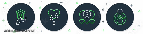Set line Blood donation, Donation and charity, Shelter for homeless and Heart with animals footprint icon. Vector