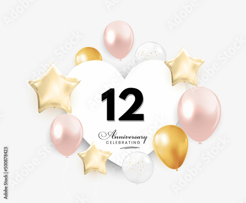 12 Years Anniversary Celebration with heart air hot balloon. Design template for anniversary celebrations, greeting cards, posters, banners, and birthday party.