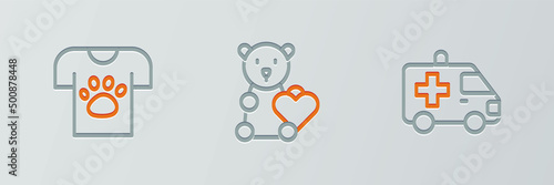 Set line Ambulance car, Animal volunteer and Donate child toys icon. Vector