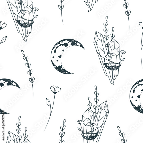 Celestial moon crystals and floral seamless pattern. Hand drawn linear illustration for wrapping paper, textile and background.