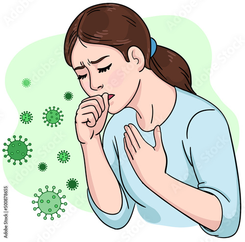 Coughing girl with Coronavirus COVID-19 symptom. Spreading desease concept. Vector illustration isolated