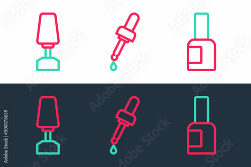 Set line Bottle of nail polish, Milling cutter for manicure and Pipette with oil icon. Vector