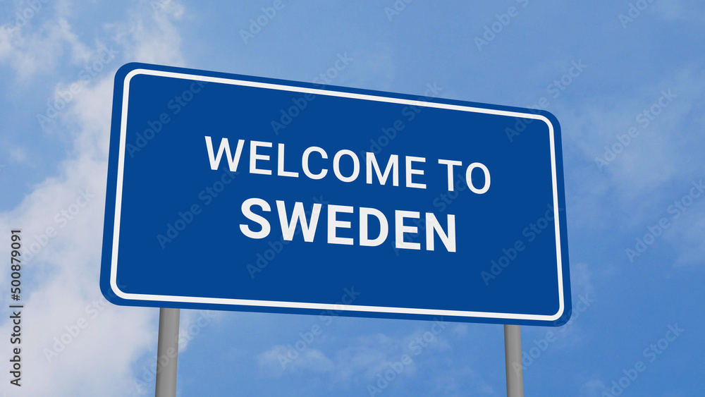 Welcome to Sweden Road Sign on Clear Blue Sky Welcome to Sweden Road Sign on Clear Blue Sky