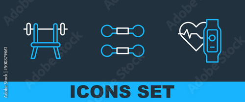 Set line Smart watch with heart, Bench barbell and Dumbbell icon. Vector
