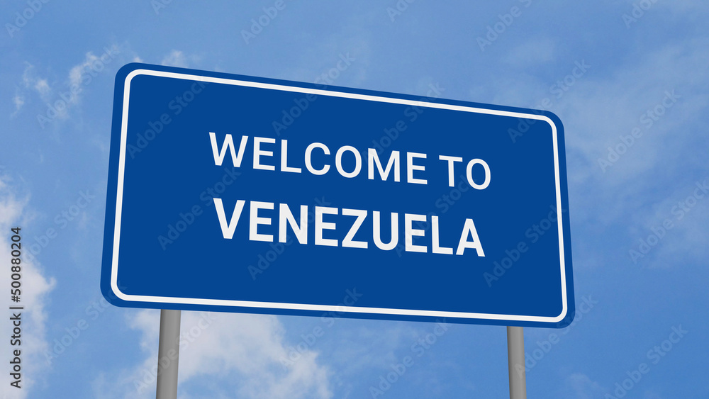 Welcome to Venezuela Road Sign on Clear Blue Sky Welcome to Venezuela Road Sign on Clear Blue Sky
