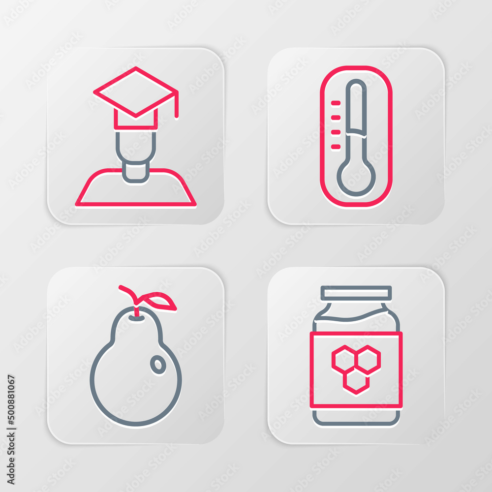 Set line Jar of honey, Pear, Thermometer and Graduate and graduation cap icon. Vector Set line Jar of honey, Pear, Thermometer and Graduate and graduation cap icon. Vector