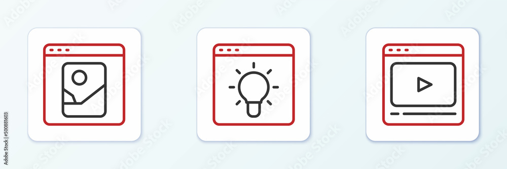 Set line Online play video, Photo retouching and Browser window icon. Vector Set line Online play video, Photo retouching and Browser window icon. Vector