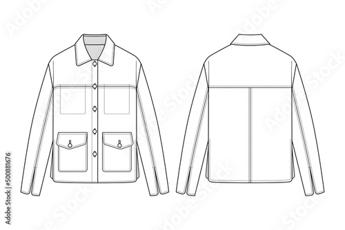 Fashion technical drawing of casual oversize jacket with buttons and patch pockets